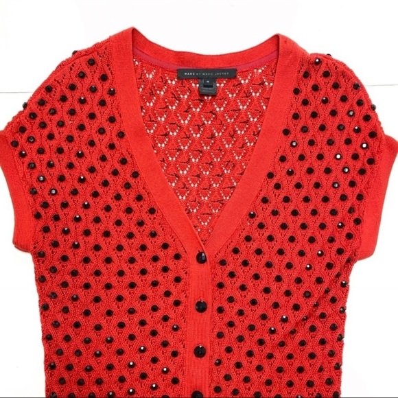 MARC by Marc Jacobs Wove Dots Button Blend Silk Knit  Sweater in Red - Picture 3 of 8